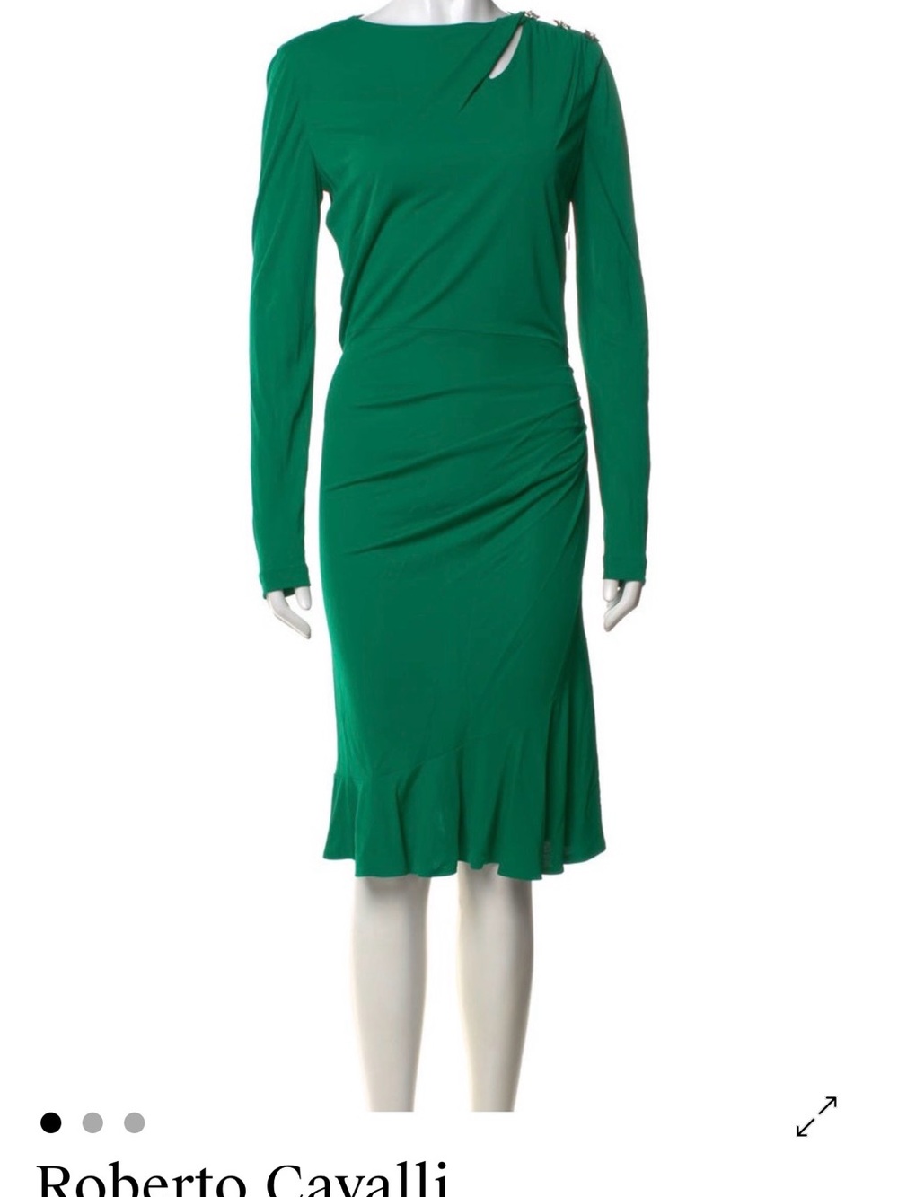 Stunning Roberto Cavalli Emerald Green Long-Sleeve Ruched Midi Dress